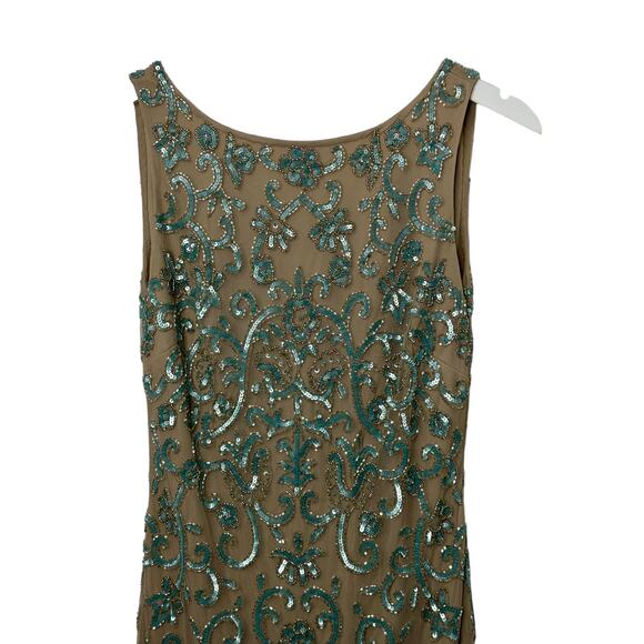 Aidan Matton Sheer Illusion Teal Sequin Gold Beaded Sleeveless Dress Womens Sz 2 - Picture 3 of 13